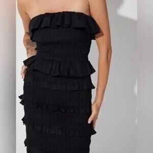 CLEOBELLA Black Poplin Ruffle Strapless Halter Elodie Midi Dress Size Large